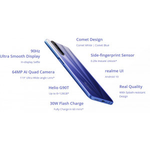 Realme 6, 90 Hz Ultra Display, 128GB, 8GB RAM, Dual SIM, 4G, 5-Camere, Android 10, Comet Blue