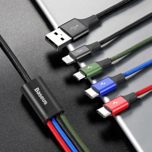 Baseus 4-in-1 Rapid Series, USB Male la microUSB, 2x USB-C, Lightning Male, 1.2 m, Black