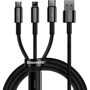 Cablu de date / adaptor Baseus Tungsten Gold, USB Male la microUSB Male, USB-C Male, Lightning Male, 1.5 m, Black