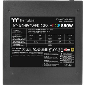 Thermaltake Toughpower GF3 ARGB, 80+ Gold, Cybenetics Gold, 850W