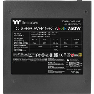 Thermaltake Toughpower GF3 ARGB, 80+ Gold, Cybenetics Gold, 750W