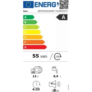 Beko BDFN36560XWP, 15 seturi, 11 programe, Clasa A, ProSmart Inverter, PowerIntense, SensorAdapt, SelfDry, AquaFlex, HomeWhiz, 60 cm, Inox
