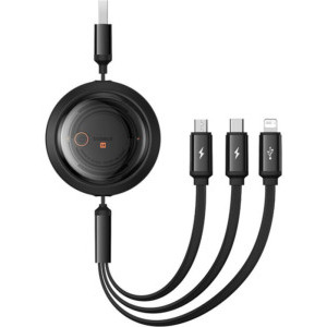 Cablu de date / adaptor Baseus Free2Draw, USB Male la USB-C Male & MicroUSB Male & Lightning Male, 100 W, Retractabil, 1.1 m, Black