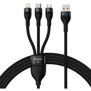Cablu de date / adaptor Baseus Flash, USB Male la USB-C Male & MicroUSB Male & Lightning Male, 66 W, 1.2 m, Negru