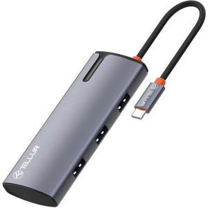 Tellur Hub USB-C 1x PD 3.0 100W, 1x HDMI 4K, 3x USB 3.0, aluminiu gri