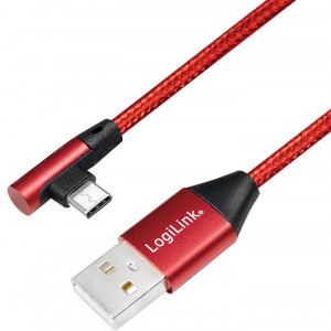 Cablu de date / adaptor Logilink USB Male la USB-C Male, unghi 90°, 1 m, Red, amperaj maxim suportat 3A