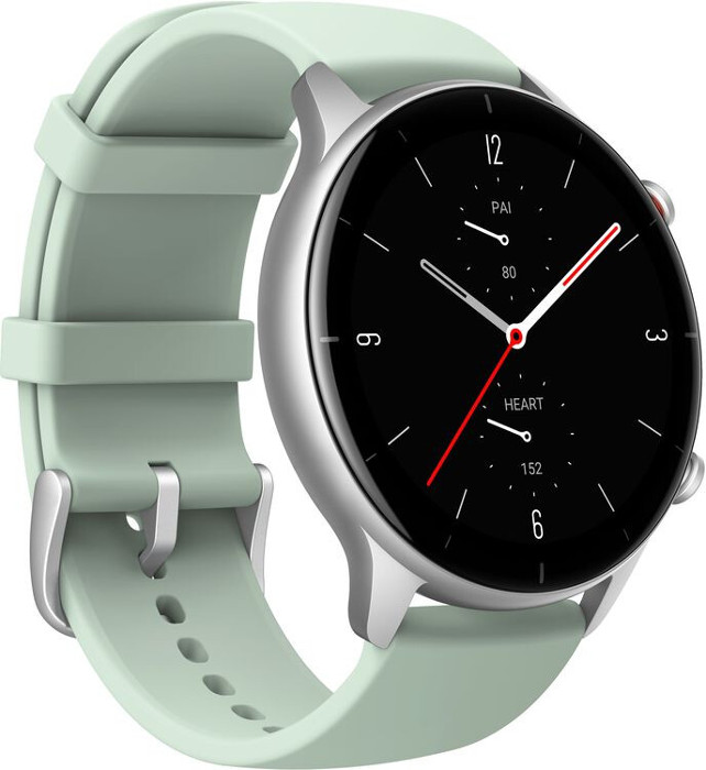SmartWatch Amazfit GTR 2E, aluminiu argintiu, curea silicon verde, Bluetooth, GPS si senzor HR