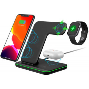 3-in-1 Wireless Qi Fast Charger 15W, Black, incarca simultan telefonul mobil, ceasul smart si castile
