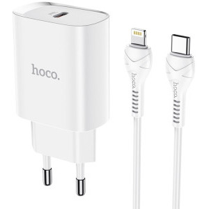Incarcator retea Hoco N14, 1x USB-C, Quick Charge 20 W, White + Cablu Lightning inclus