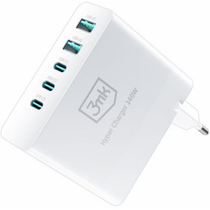 Incarcator retea 3MK HyperCharger, 3x USB-C, 2x USB, Quick Charge 140 W, GaN, White