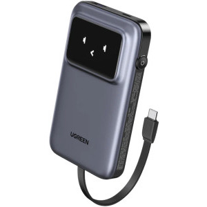 Baterie externa Ugreen PB511, 10000 mAh, 1x USB, 1x USB-C, 30 W, Display, Cablu USB-C integrat, Grey
