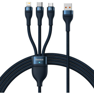 Cablu de date / adaptor Baseus Flash Series 2, USB Male la USB-C Male & MicroUSB Male & Lightning Male, 66 W, 1.2 m, Blue