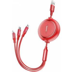 Cablu de date / adaptor Baseus Golden Loop, USB Male la USB-C Male & MicroUSB Male & Lightning Male, Retractabil, 1.2 m, Red