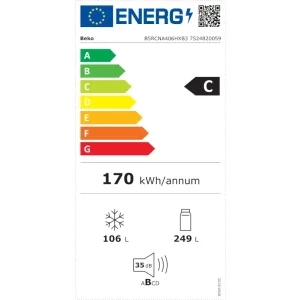 Beko B5RCNA406HXB3, 355 L, Clasa C, No Frost, ProSmart Inverter, HarvestFresh, AeroFlow, Control electronic, 203 cm, Metal Look