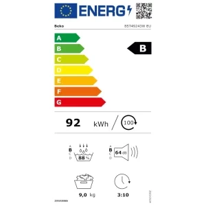 Beko B5T49243W EU, Pompa de caldura, 9 kg, Clasa B, ProSmart Inverter, EcoGentle, IronFinish, Iluminare interioara, Alb