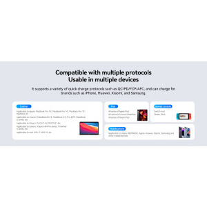 ZTE Nubia DAO 80W GaN, cablu inclus 100W, 3 porturi USB, Compatibil smartphone, laptop USB Type-C
