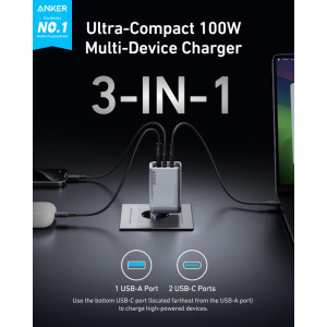 Anker Prime A2688, 2x USB-C, 1x USB, 100 W, GaN, Silver
