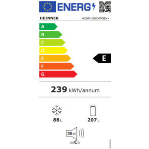 Heinner HCNF-V291XWDE++, 294 L, Clasa E, No Frost, Freezer Shield, Dozator apa, Display, Control electronic, Iluminare LED, 186 cm, Inox