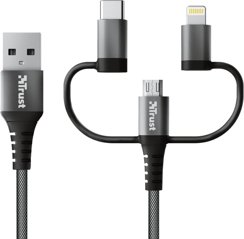 Cablu de date / adaptor Trust 3-In-1, Keyla, USB Male la microUSB, USB-C, Lightning Male, 1 m, Grey-Black