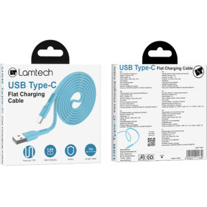 Lamtech Flat USB Male la USB-C Male, 1 m, Blue, amperaj maxim suportat 3A