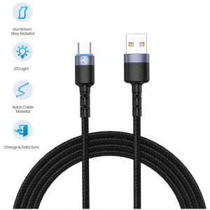 Tellur USB Male la USB-C Male, Led, Nailon, 1.2 m, Black, amperaj maxim suportat 3A