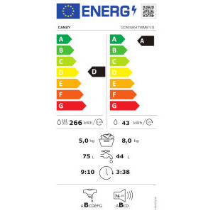 Candy COW4854TWM6/1-S, Spalare 8 kg, Uscare 5 kg, 1400 RPM, Clasa A, Inverter, Quick&Clean, Alb