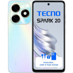 Tecno Spark 20, Ecran 90Hz, 256GB, 8GB RAM, Dual SIM, 4G, Camera 50 MPX, Baterie 5000 mAh, Cyber White