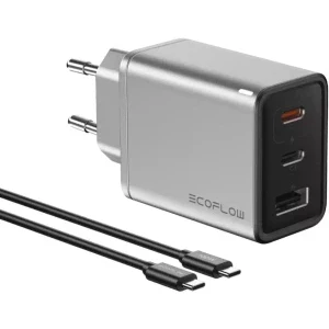 Incarcator retea EcoFlow EFA-65W-GAN, 2x USB-C, 1x USB, Quick Charge 65 W, GaN, Grey