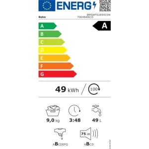 Beko BM5WFSU69415W, 9 kg, 1400 RPM, Clasa A, ProSmart Inverter, EnergySpin, SteamCure, HomeWhiz, Alb