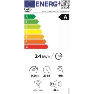 Beko B7WFU69418WB2 ES, 9 kg, 1400 RPM, Clasa A, ProSmart Inverter, EnergySpin, SteamCure, HomeWhiz, Alb
