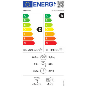 Samsung WD90DG5B15BBLE, Spalare 9 kg, Uscare 6 kg, 1400 RPM, Clasa D, Digital Inverter, AI EcoBubble, Hygiene Steam, Air Wash, StayClean, Negru
