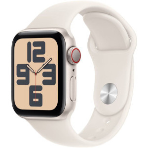 Apple Watch SE (2024), 40mm Aluminium Starlight cu Starlight Sport Band - M/L, GPS + Cellular