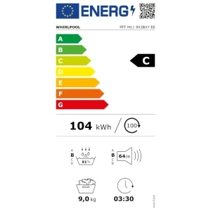 Whirlpool FFTM119X3BXYEE, Pompa de caldura, 9 kg, Clasa C, Inverter, FreshCare+, 6th Sense, Alb