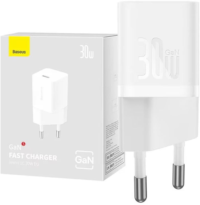 Incarcator retea Baseus GaN5, 1x USB-C, Fast Charger 30W, White