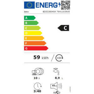 Beko BDIS38040A, Slim, 10 seturi, 8 programe, Clasa C, Auto Dose, ProSmart Inverter, AutoGlassShield, SelfDry, Hygiene Intense, Sertar tacamuri, 45 cm