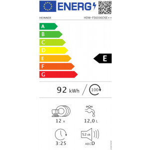 Heinner HDW-FS6006DSE++, 12 seturi, 6 programe, Clasa E, Half Load, AquaStop, 60 cm, Argintiu
