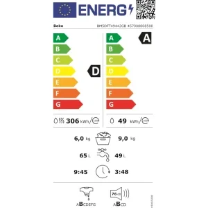 Beko BM5DFT49442GB, Spalare 9 kg, Uscare 6 kg, 1400 RPM, Clasa D, ProSmart Inverter, SteamCure, Gri