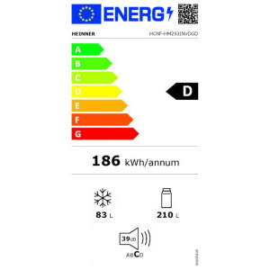 Heinner HCNF-HM293INVDGD, 293 L, Clasa D, Total No Frost, Inverter, Control electronic, 186 cm, Antracit