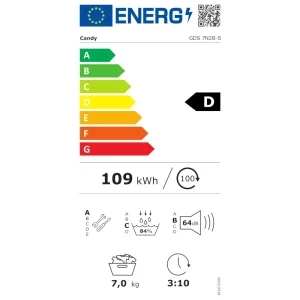 Candy GDS 7N2B-S, Slim, Pompa de caldura, 7 kg, Clasa D, AI Smart Move, Easy Iron Plus, Alb