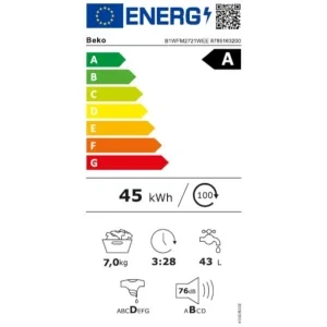 Beko B1WFM2721WEE, Slim, 7 kg, 1200 RPM, Clasa A, ProSmart Inverter, SteamCure, AddXtra, Alb