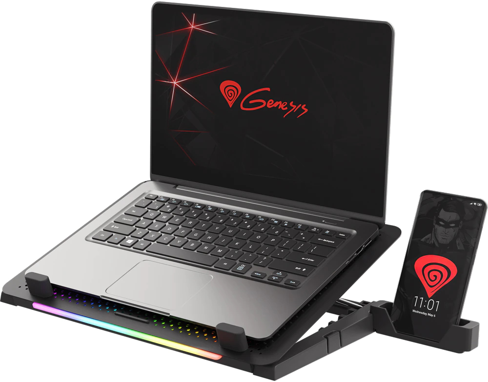 Stand/Cooler notebook Genesis Genesis Oxid 450 RGB, 5 venilatoare, suport telefon, hub USB