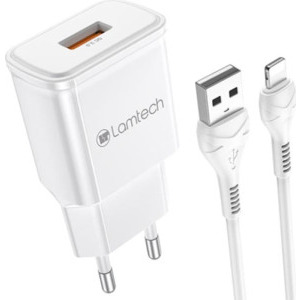 Incarcator retea Lamtech LAM020182, 1x USB, 18W, Quick Charge 3.0, White + Cablu Lightning 1m