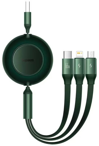 Cablu de date / adaptor Baseus Bright Mirror, USB Male la USB-C Male & MicroUSB Male & Lightning Male, 66 W, Retractabil, 1.1 m, Green