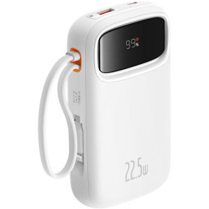 Baseus Qpow2, 10000 mAh, 1x USB, 2x USB-C, 22.5 W, Display, Cablu USB-C & Lightning integrat, White