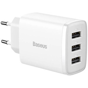 Incarcator retea Baseus Compact, 3x USB, Quick Charge 17 W, White