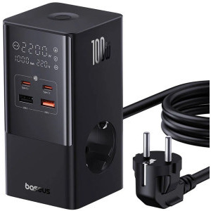Incarcator retea Baseus Powerstrip, 2x USB-C, 2x USB, 2x Schuko, Quick Charge 100 W, GaN, Black