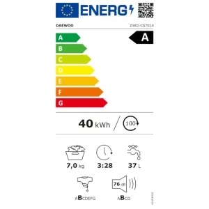 Daewoo DWD-CS7014, Slim, 7 kg, 1400 RPM, Clasa A, Inverter, Eco Wash, Quick Wash, Alb