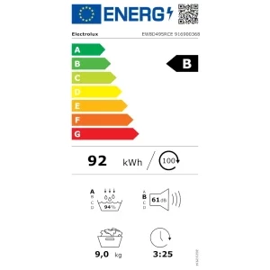 Electrolux EW8D495RCE, Pompa de caldura, 9 kg, Clasa B, Inverter, 3DSense, DelicateCare, MixCare, My Electrolux Care, Iluminare interioara, Alb