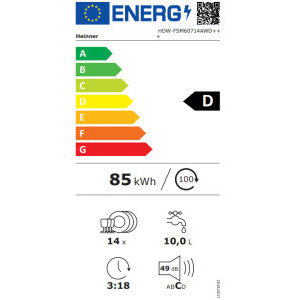 Heinner HDW-FSM60714AWD+++, 14 seturi, 7 programe, Clasa D, Dual Zone, Flexible Space, AquaStop, Deschidere automata usa, 60 cm, Alb