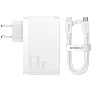 Baseus GaN5 Pro, 2x USB-C, 1x USB, Quick Charge 140W, White + cablu USB-C